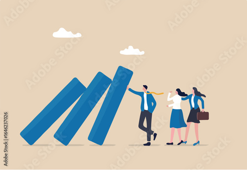 Reliability, trustworthy or skillful leadership protect or solve problem, trust or work responsible, supported partner concept, reliable businessman leader protect domino from collapse on colleagues. 
