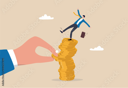 Investment risk from stock market crash, pull money or liquidity back, market volatility, unstable and uncertainty concept, giant hand pull back money from coin stack causing investor to fall down.