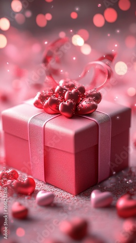 Elegant Pink Gift Box With Hearts, Ribbons and Festive Decorations for Specia...