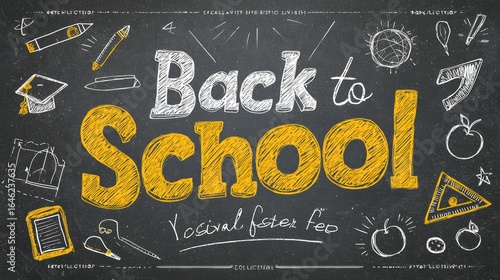Back to School Chalkboard Illustration with Education Themed Doodles Depicting Learning Supplies and Academic Items in White, Black, and Yellow Colors.