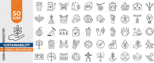 Sustainability Icon Set – Minimal Linear Style Eco & Earth Icons. Includes Ecology, Environment, Renewable Energy & More. Editable Stroke. Vector illustration.