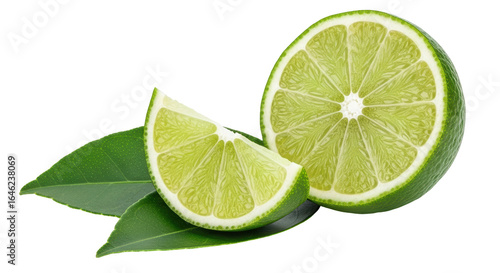 Isolated sliced lime fruit with leaves on white background