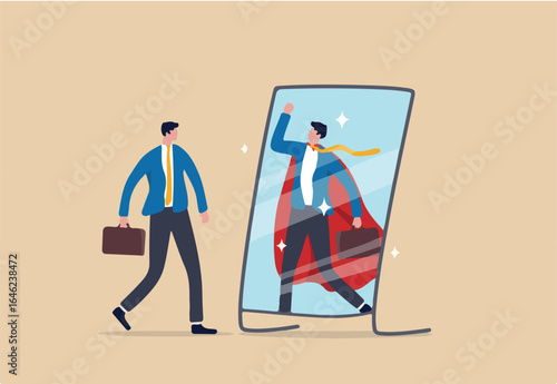Self confidence or self esteem believe in yourself, positive attitude to success, ambition or determination to achieve goals, businessman looking at his strong ideal self superhero reflection mirror. 