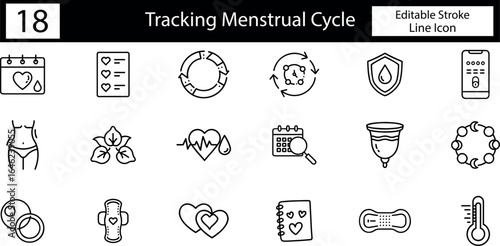 Set of 18 editable line icons for tracking menstrual cycle and women's health, including calendar, body silhouette, period cup, thermometer, and heart rate symbols on transparent background