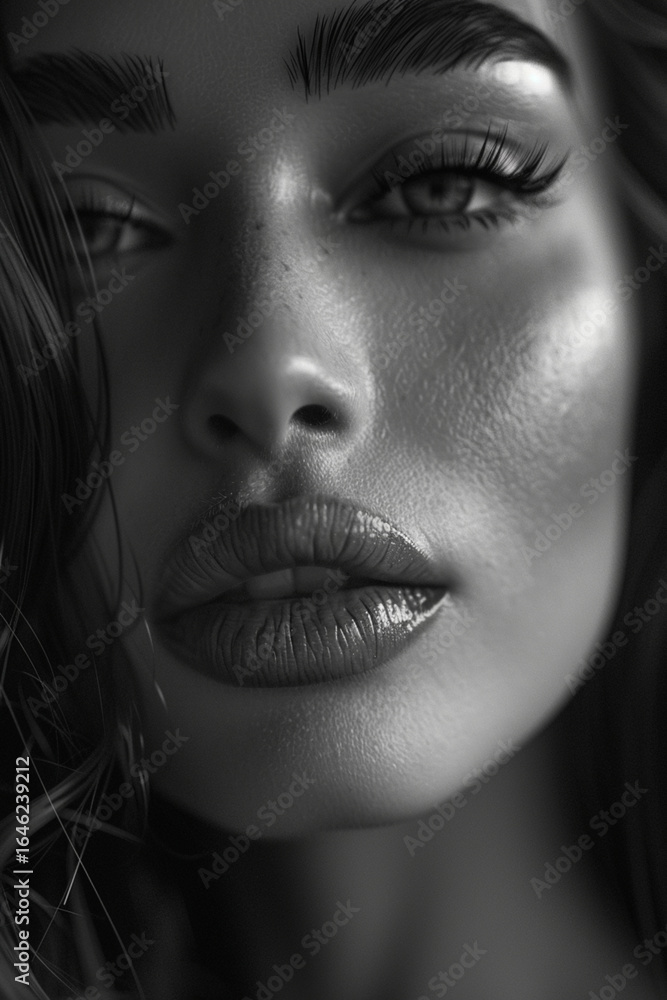 Fototapeta premium A stunning young woman with perfect smooth skin, high cheekbones, full lips slightly parted, intense expressive eyes with long lashes, black and white, hair strands slightly messy framing the face
