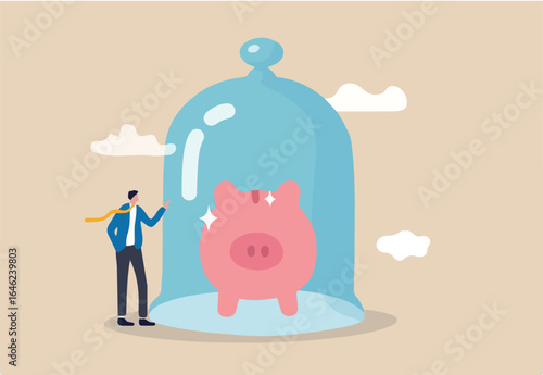 Protect money from inflation, insurance and financial security concept, businessman investor stand with wealthy piggy bank under glass dome strong protection.
