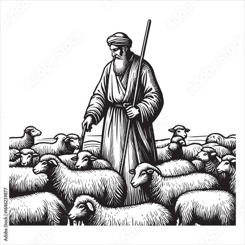 Shepherd guiding flock of sheep with staff vector