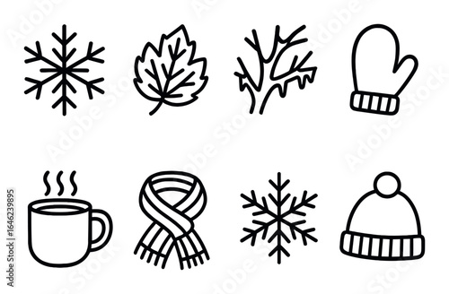 Winter icons: snowflakes, leaves, mittens, and warm accessories on black background