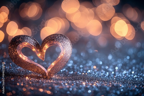 Heart-shaped Glitter Decoration Illuminated by Warm Lights on a Soft Surface ...