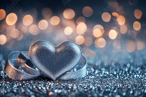 Sparkling Silver Heart Against Blurred Festive Lights in a Romantic Setting