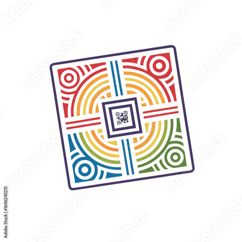 "Vector QR Code Icon – Stylized Square Design with Central QR Code Surrounded by Colorful Quadrants (Red, Yellow, Blue, Green) Featuring Concentric Circles, Arcs, and Lines – Flat Design Representing 