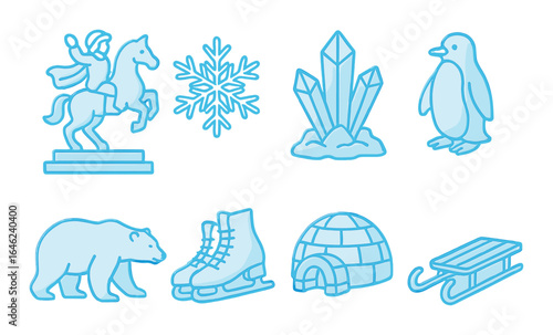 Neon winter icons: horseman, snowflake, crystals, penguin, polar bear, skates, igloo, sled