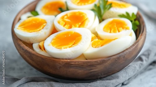 Hard boiled eggs in wooden bowl with bright yellow yolks on neutral surface
