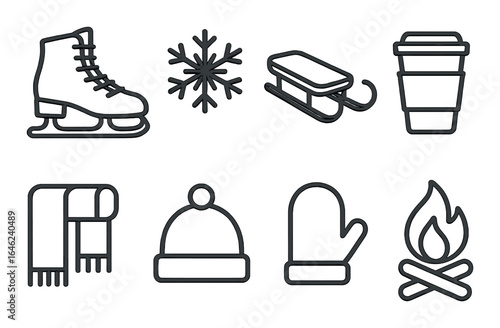 Winter icons set: ice skate, snowflake, sled, coffee cup, scarf, hat, mitten, campfire