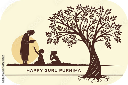 Guru Purnima celebration with guru teaching students under a tree silhouette teacher learning