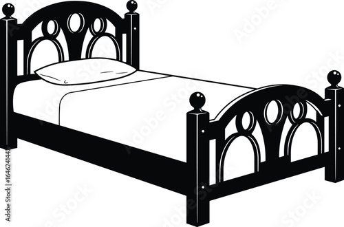 Black and white bed illustration, decorative headboard design, vintage bed frame vector, bedroom furniture clipart, elegant bed sketch, classic decor drawing