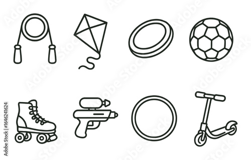 Outline icons of jump rope kite frisbee ball roller skate water gun hula hoop scooter