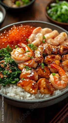 Shrimp and Chicken Bowl With Rice and Vegetables in a Vibrant Dining Setting