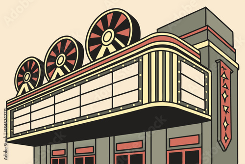 Vintage art deco movie theater marquee with film reels