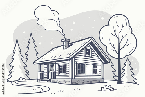 Cozy winter cabin with smoke coming from chimney surrounded by trees and snow