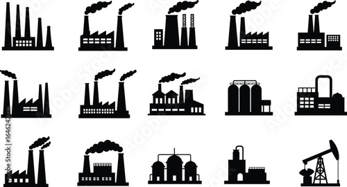 Industrial factory and refinery silhouette icons with chimneys, smoke, storage tanks, and oil pump equipment