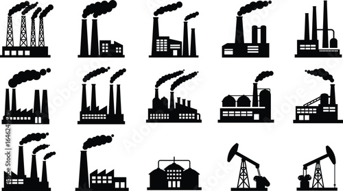 Factory buildings, oil pump jacks, industrial plants, and manufacturing facility vector silhouette icon illustration set