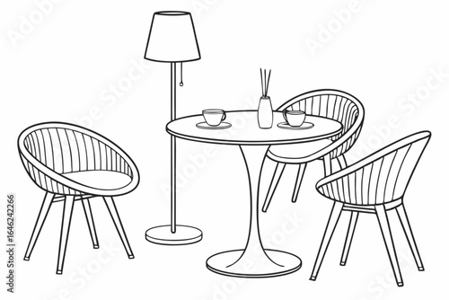 Modern outdoor seating area with table chairs and lamp