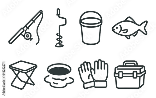 Ice fishing equipment icons: rod, auger, bucket, fish, chair, hole, gloves, tackle box
