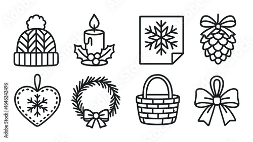 Outline icons of winter hat candle snowflake pinecone heart wreath basket bow
