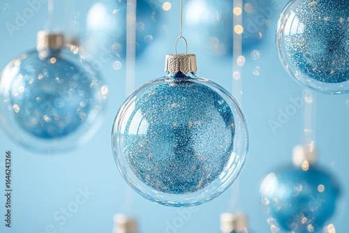 Elegant Blue Ornaments Hanging Against a Soft Background for Festive Decorati...