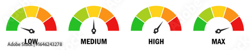 Set of colorful risk level meter icons showing low, medium, high and max indicators. Perfect for dashboards, reports, safety, and performance analysis visuals. Vector illustration.