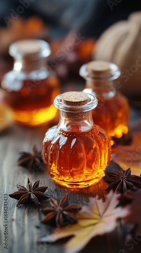 Warm Autumn Spices in Decorative Glass Bottles With Natural Elements