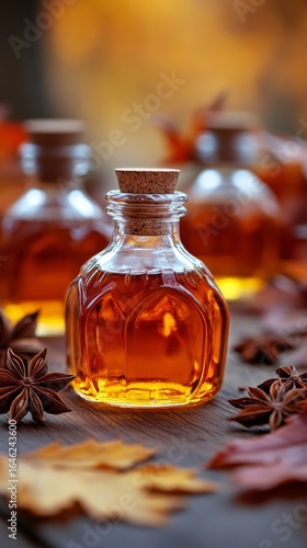 Warm Autumn Spices in Decorative Glass Bottles With Natural Elements.