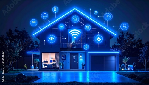 Smart home at night, illuminated by blue light