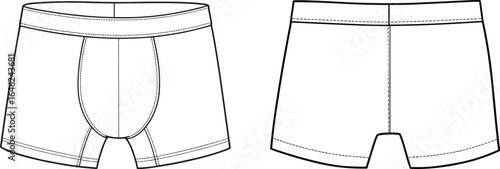 Boxer briefs technical drawing, front and back view, stitching details, contour pouch, waistband seam, fashion design template, apparel sketch