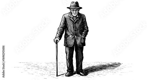 Elderly man with cane standing in a hat and coat on white background  
