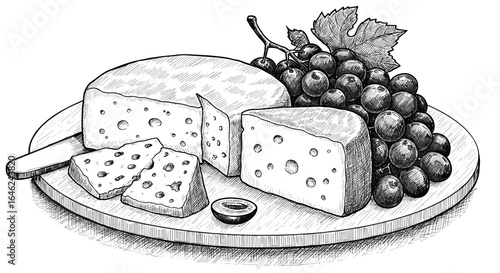 Cheese platter with grapes in sketch style  