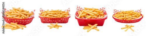 French fries in red plastic serving baskets lined with red and white checkered paper, isolated on transparency background