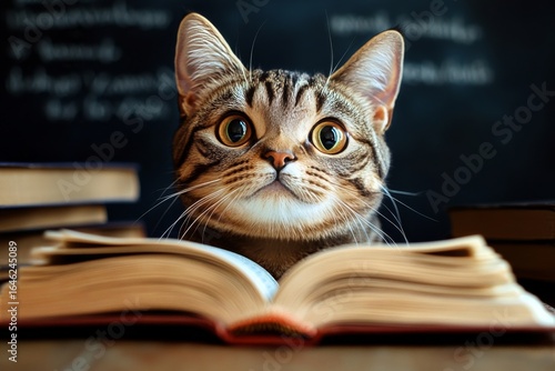 Curious Cat Studies an Open Book in a Cozy Study Surrounded by Bookshelves at...