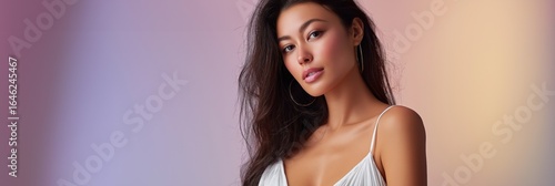 Wallpaper Mural Young asian female in white dress against colorful gradient background Torontodigital.ca