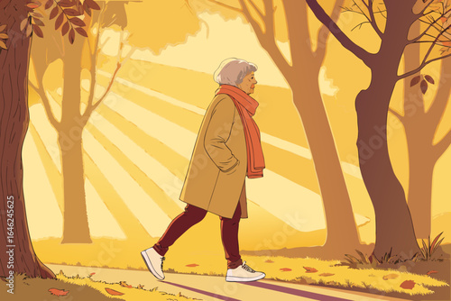Elderly woman in bright scarf and sneakers walking in park during golden hour, sunlight streaming through trees, soft bokeh background