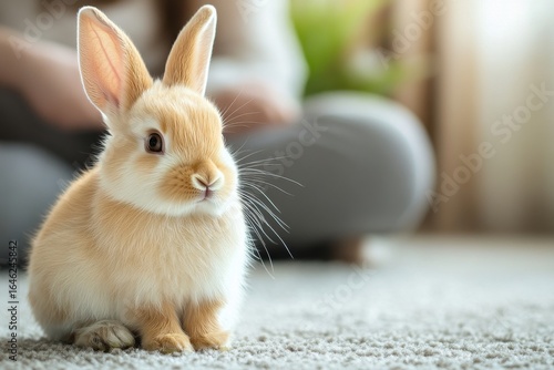 Cute Bunny Resting on Soft Carpet in Cozy Living Room During Daytime.