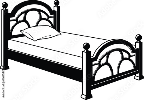 Black and white bed illustration, classic bed frame design, decorative headboard vector, vintage furniture clipart, bedroom decor drawing, elegant bed sketch