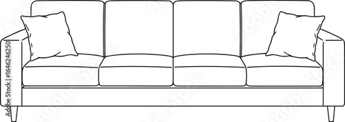Three-seat sofa line drawing, low-profile couch sketch, short legs, throw pillows, armrests, furniture illustration, home decor, interior design