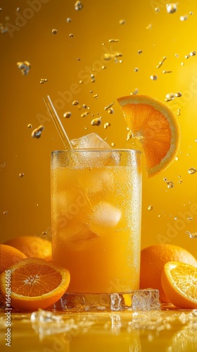Refreshing Citrus Drink With Ice and Bubbles Against a Vibrant Yellow Backgro...