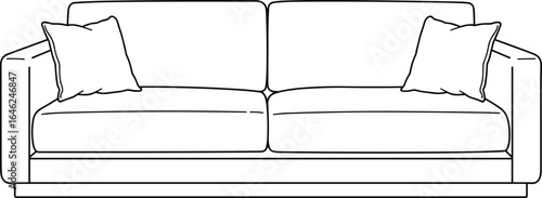 Sofa line drawing, two-seat couch sketch, large cushions, throw pillows, rectangular base, armrests, furniture illustration, home interior decor