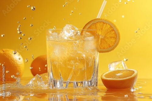 Refreshing Citrus Drink With Ice and Splashes Surrounded by Fresh Oranges on ...
