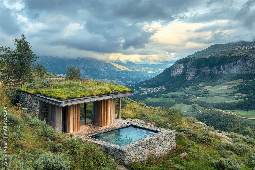 Naklejka premium Panoramic view of sauna overlooking valley, built into hillside, green roof, stone and wood blend