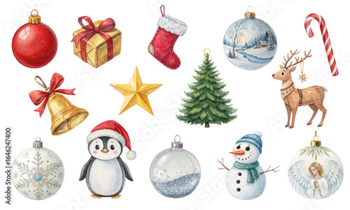 Watercolor Christmas Clipart Set with Snowman, Penguin and Tree