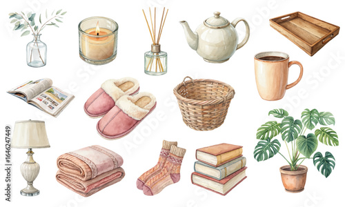 Cozy Home and Hygge Lifestyle Watercolor Clipart Set